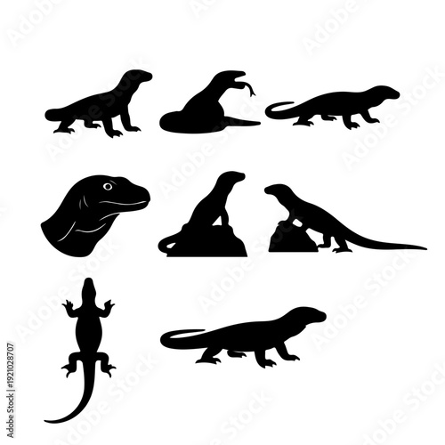 Collection of black silhouettes depicting various monitor lizards or Komodo dragons in different poses on a white background, showcasing their reptilian forms.