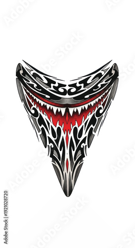 Intricate tribal mask design with sharp black white red patterns.
