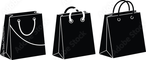 Black shopping bag set vector icons in solid silhouette style isolated on white background for retail, ecommerce, and consumer purchase concept