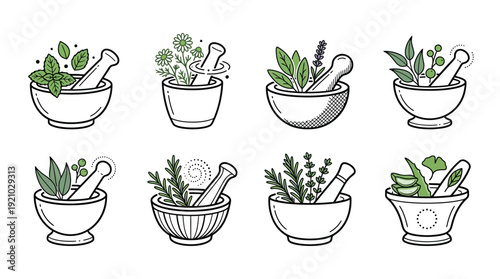 Herbal Mortar Pestle Vector Illustration Natural Remedies Plants Medicine Culinary Herbs Healing Bowl Graphic Design Vector Artwork for Holistic Health Botanical Branding