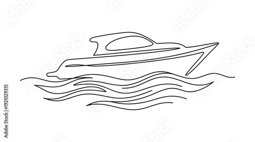 Motorboat Vector Illustration Minimalist Line Drawing Yacht Cruising Water Waves Smooth Outline Elegant Design Graphic Vector Artwork for Nautical Marine Travel Branding
