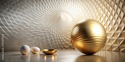 Abstract Golden Sphere and Eggs Resting on Smooth Surface Before Intricate Wall Design