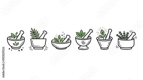 Herbal Mortar Pestle Vector Illustration Natural Remedies Plants Medicine Culinary Herbs Healing Bowl Graphic Design Vector Artwork for Holistic Health Botanical Branding