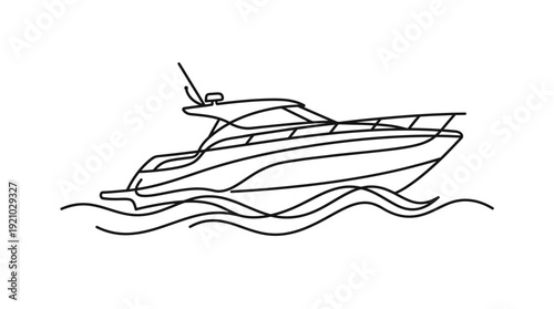 Motorboat Vector Illustration Minimalist Line Drawing Yacht Cruising Water Waves Smooth Outline Elegant Design Graphic Vector Artwork for Nautical Marine Travel Branding