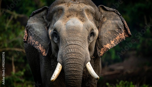 An elephant faces the camera, revealing its tusks and textured skin against a lush, green background