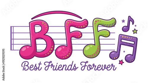Friendship Music Vector Illustration BFF Best Friends Forever Colorful Notes Stars Hearts Playful Design Creative Graphic Vector Artwork for Friendship Rhythms Fun Branding