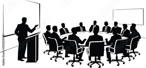 Business people silhouettes in office meeting room discussing financial charts and creative ideas during a professional corporate strategy presentation session