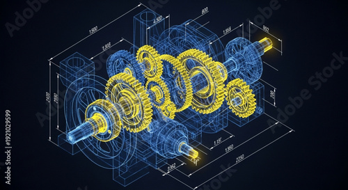 Detailed 3d blueprint of interlocking yellow and blue mechanical gears with technical drawing background