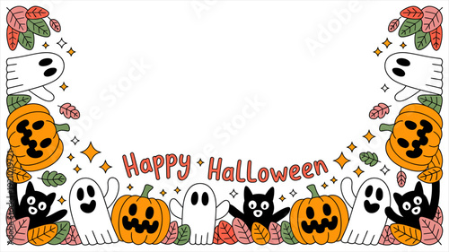 A festive Halloween border with cartoon ghosts, pumpkins, and cats on a white background