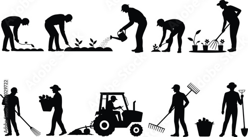 Gardener farmer silhouettes planting watering raking harvesting with tractor, agriculture worker set, farming activity people illustration concept