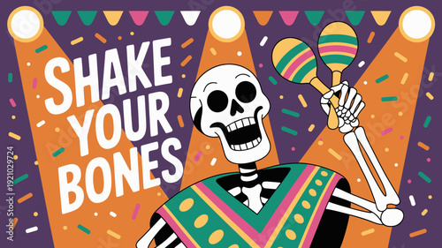 A colorful skeleton holding maracas and dancing with confetti and spotlights in the background.
