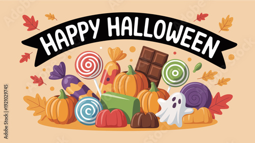 A colorful illustration of Halloween treats and decorations with a ghost and pumpkins