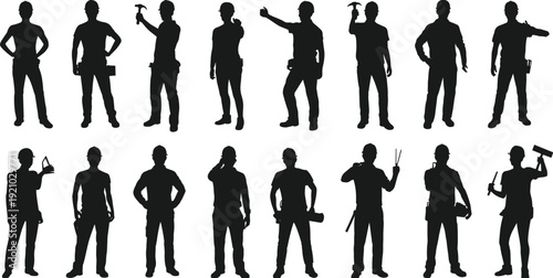 Handyman worker silhouettes collection holding tools hammer roller brush poses, repair service team, occupation people illustration concept