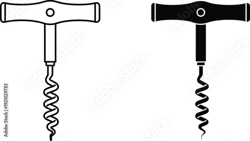 Classic corkscrew wine opener icon set in black and white featuring outline and solid styles isolated for kitchen and bar design