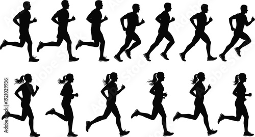 Running silhouettes set featuring men and women jogging, fitness exercise poses, athletic marathon runners, sports training icons, active lifestyle vector graphics.