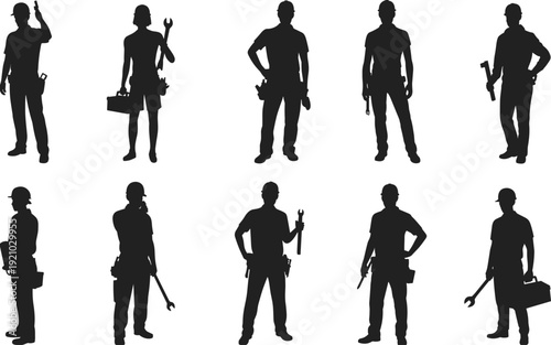 Handyman worker silhouettes standing with tools collection, repair maintenance technician team set, professional occupation people illustration concept