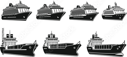 Set of passenger cruise liner ships and cargo container shipping vessels black silhouette icons for travel, transportation, and maritime industry vector illustration
