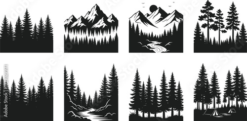 Set of Pine Forest and Mountain Landscape Silhouettes, Evergreen Trees with River and Peak Scenes for Outdoor Nature Graphic Design, Vector