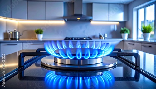 Modern kitchen with gas stove and blue flames.