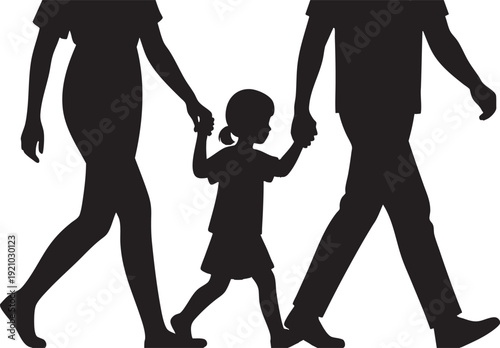 Black Silhouette of Happy Family Parents and Child Walking Together Hand in Hand