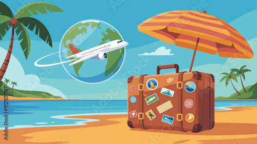 A colorful illustration of a suitcase on a beach with an umbrella and a plane flying around the globe in the background.