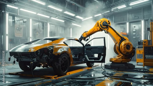 Robot arm working on a partially assembled sports car in a factory