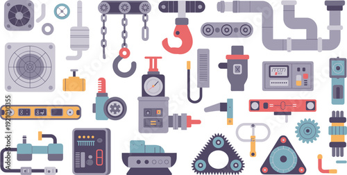 Industrial equipment and machinery icons set, factory tools gears pipes and instruments flat vector illustration collection