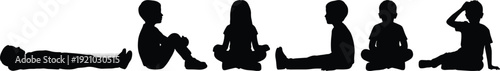 Six black silhouettes of children sitting and lying in various positions on a white background representing growth childhood and physical development.