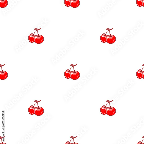 Red cherry pixel art seamless pattern with a soft minimal layout. Perfect for fabric, summer collections, cute accessories, packaging, and print-on-demand products.