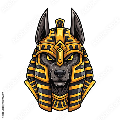 Mystical Anubis Dog Head Pharaoh Illustration with Golden Egyptian Headdress and Intense Eyes