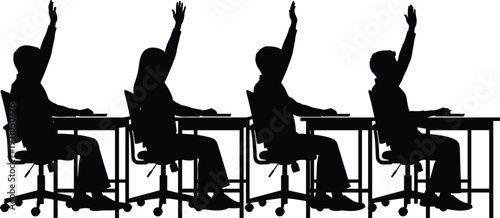 Students raising hands silhouettes in classroom for education learning seminar question and answer session professional training workshop and academic success