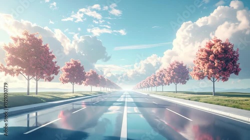 A road stretches between trees under a cloudy sky. The horizon glows