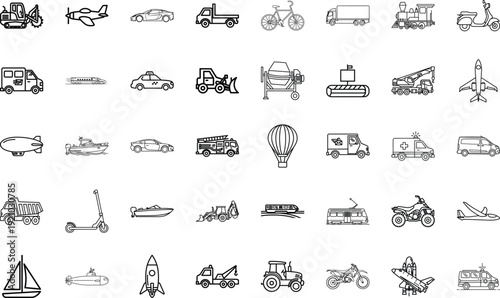 comprehensive collection of vehicle and transportation line art icons for coloring books and educational worksheets including planes trains and automobiles