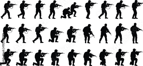 Soldier Silhouettes Set: Collection of Military Infantry in Various Action Poses, Including Walking, Running, and Kneeling, Holding Automatic Rifles for Combat and Security Operations, Vector.