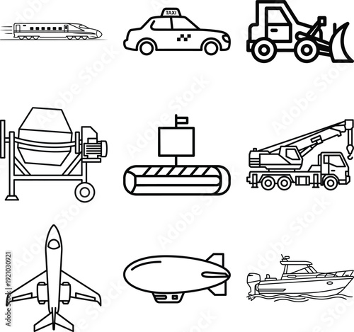 industrial transport and construction vehicle icons including crane truck cement mixer taxi and bullet train line drawings