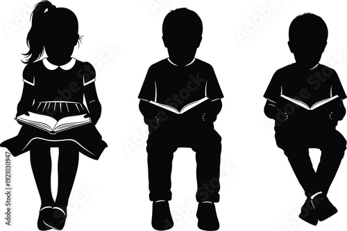 Three Children Sitting and Reading Books Silhouette Set for Education Literacy Learning School Library and Early Childhood Development Graphic Design Projects