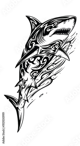 Dynamic black and white tribal shark tattoo design with sharp fins and fierce jaws.