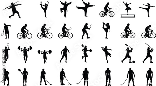 Vector silhouette collection of diverse athletes performing various sports, including cycling, gymnastics, tennis, weightlifting, hockey, baseball, and track and field training.