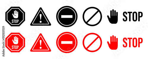Stop sign icons set warning symbol prohibition sign hand stop gesture vector illustration collection