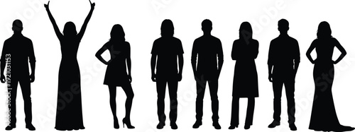 Flat vector illustration of diverse people silhouettes, male and female figures, casual and formal clothing, standing poses, gesture artwork
