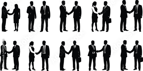 Vector silhouette collection of business people shaking hands, representing professional partnerships, corporate agreements, teamwork, collaboration, formal greetings, and successful deal making.