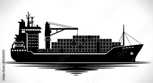 Silhouette of a cargo vessel on water, carrying containers, rendered in black