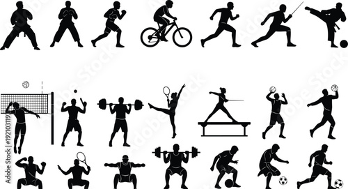 Vector silhouette collection of diverse athletes performing various sports, including cycling, running, karate, weightlifting, tennis, soccer, volleyball, and gymnastics training.