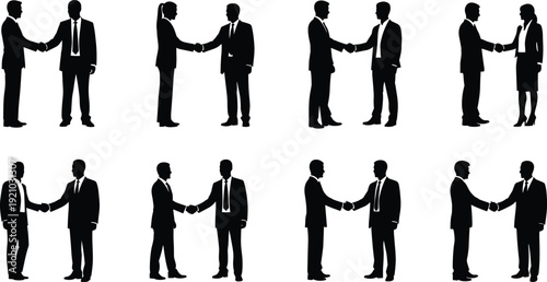 Vector silhouette collection of professional business people shaking hands, representing successful partnerships, corporate agreements, teamwork, collaboration, and formal meeting greetings, isolated.
