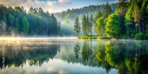 Serene morning mist shrouding a tranquil lake, reflecting lush green trees and a peaceful island in the heart of a pristine forest.