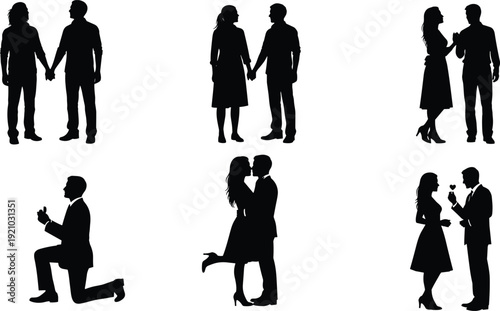 Vector Silhouette Collection of Romantic Couples Holding Hands, Kissing, and Proposing, Representing Love, Engagement, Relationships, and Special Moments, Isolated on White.