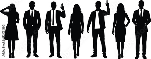 Flat vector illustration of diverse people silhouettes, standing poses, hand gestures, male and female figures, business casual attire artwork
