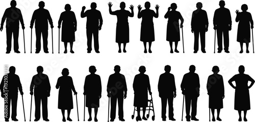 Vector silhouette collection of senior citizens and elderly people with walking canes, representing aging population, retirement lifestyle, geriatric care, and healthcare.