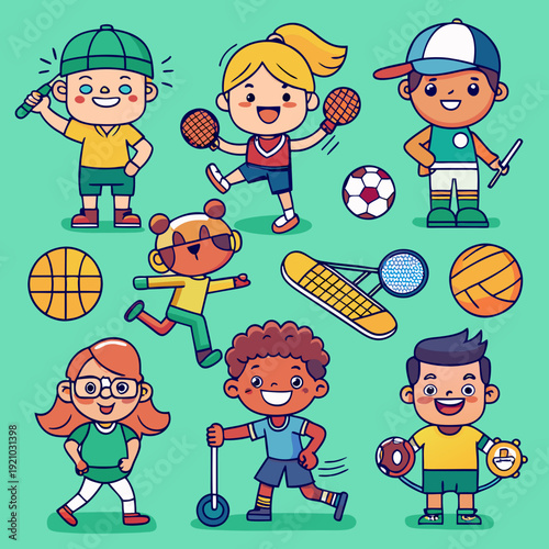 Happy kids enjoying various sports and leisure activities together outdoors