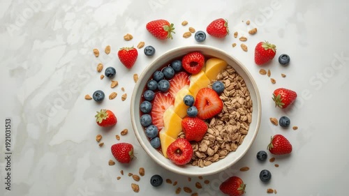 Wallpaper Mural Fresh granola bowl with strawberry blueberry peach oat bowl topped with vibrant fruit slices Torontodigital.ca